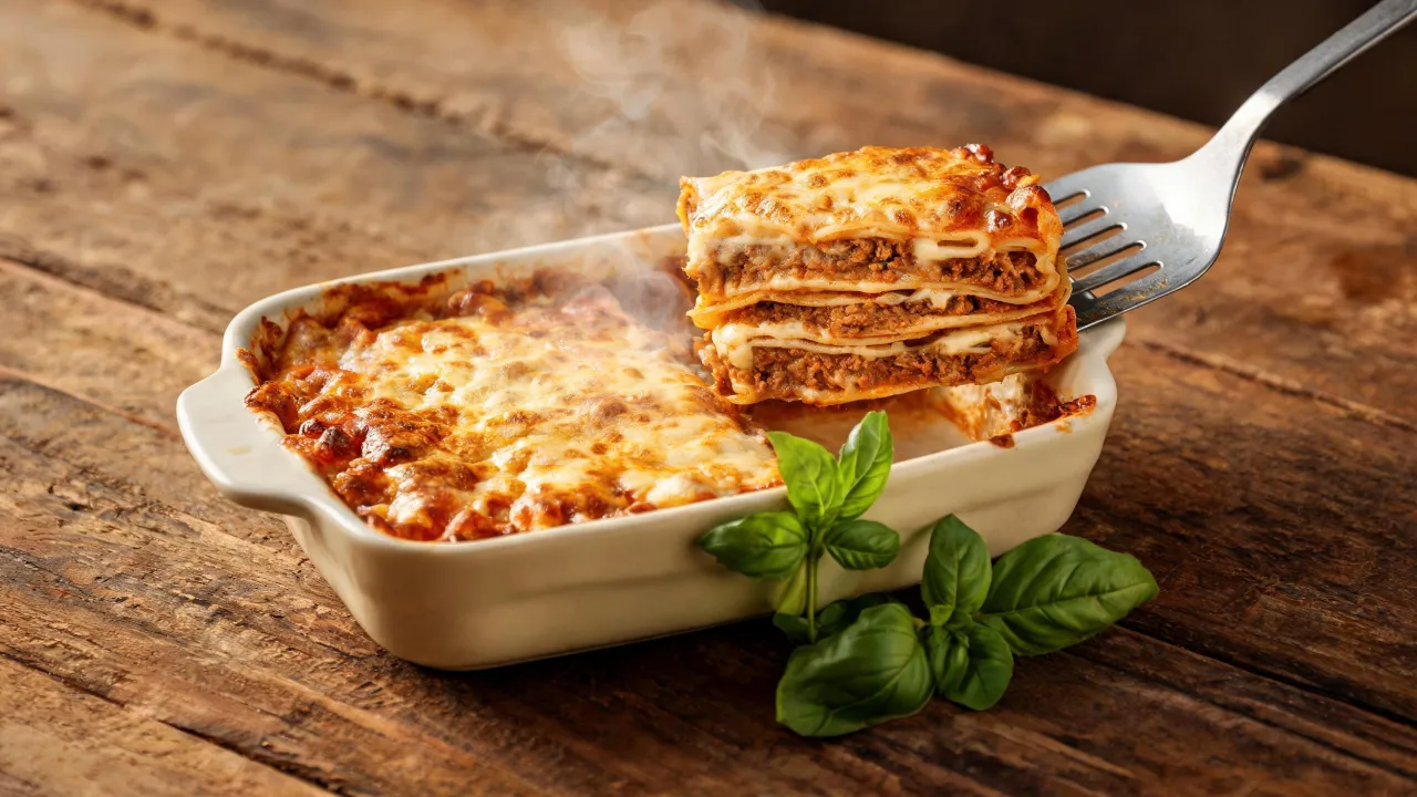 Verse lasagne met goudbruine kaaslaag in een ovenschaal op een houten tafel